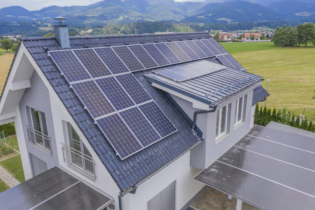 Solar panels on a house with the sun shining, representing energy savings and feed-in tariffs in Victoria.