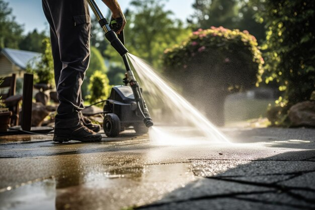 Home exterior being refreshed with a pressure washer, fresh paint, and updated landscaping for improved curb appeal.