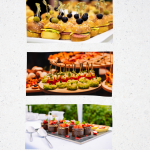 Mini burgers, tomato-mozzarella bites, and chocolate desserts beautifully presented for catering